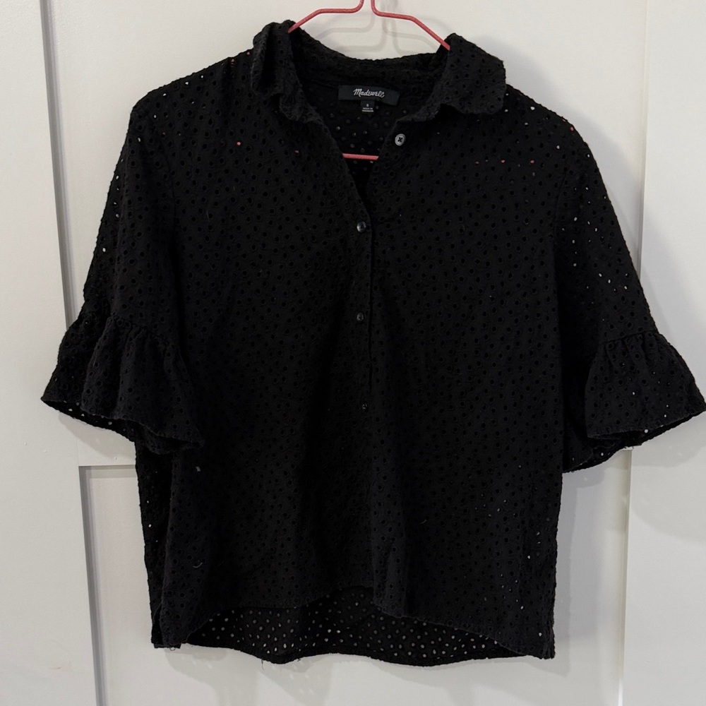 Madewell Black Eyelet Ruffle-Sleeve Button Front Blouse small